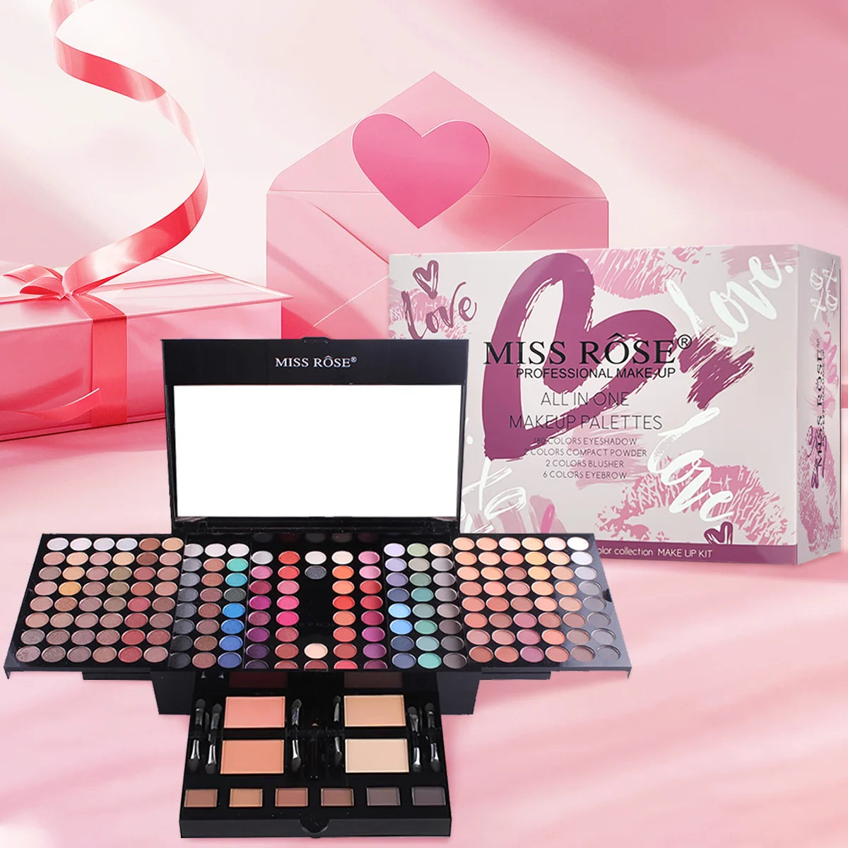 142-Color Makeup Set – Eyeshadow, 3 Blush & 3 Eyebrow Powders, Professional Use