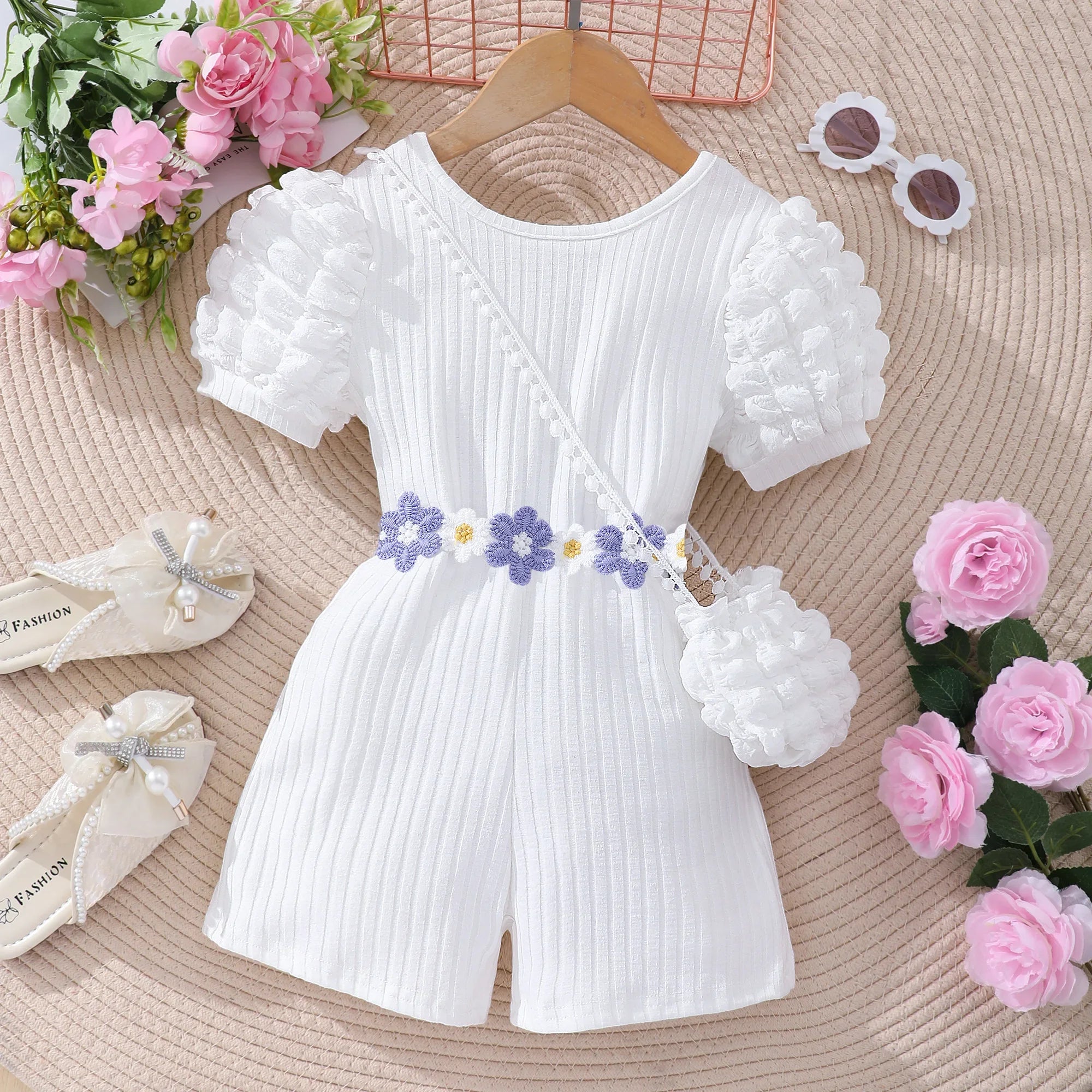 Girls Summer Romper – Short Puff Sleeve, Solid Color, Belt & Flower Satchel, Casual Fashion