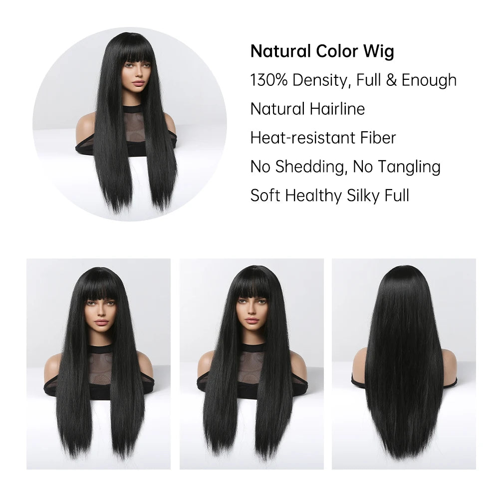 EASIHAIR Long Black Wig – Silky Straight, Bangs, Cosplay/Party, Heat-Resistant