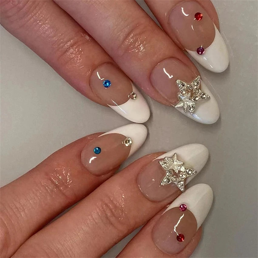 Medium Acrylic Almond Fake Nails – Removable Press-On, French Style, Europe/USA Design