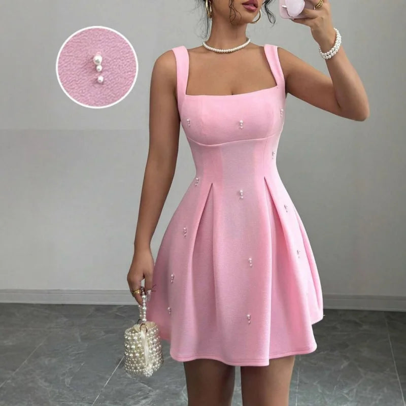 Summer Women Pink Pearl A-Line Dress