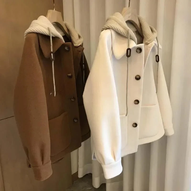 Veste Femme Grande Taille – Hood, Patchwork, Faux Deux-Pièces, Loose, Style Élégant Automne/Hiver