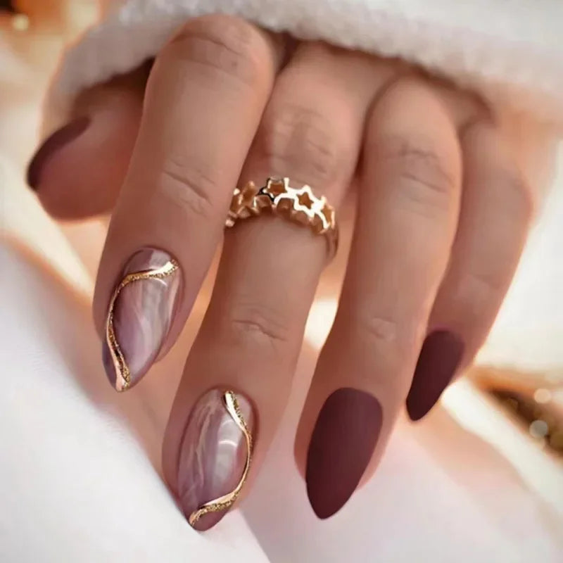 24pcs Matte Almond Press-On Nails with Rose Leaf Design