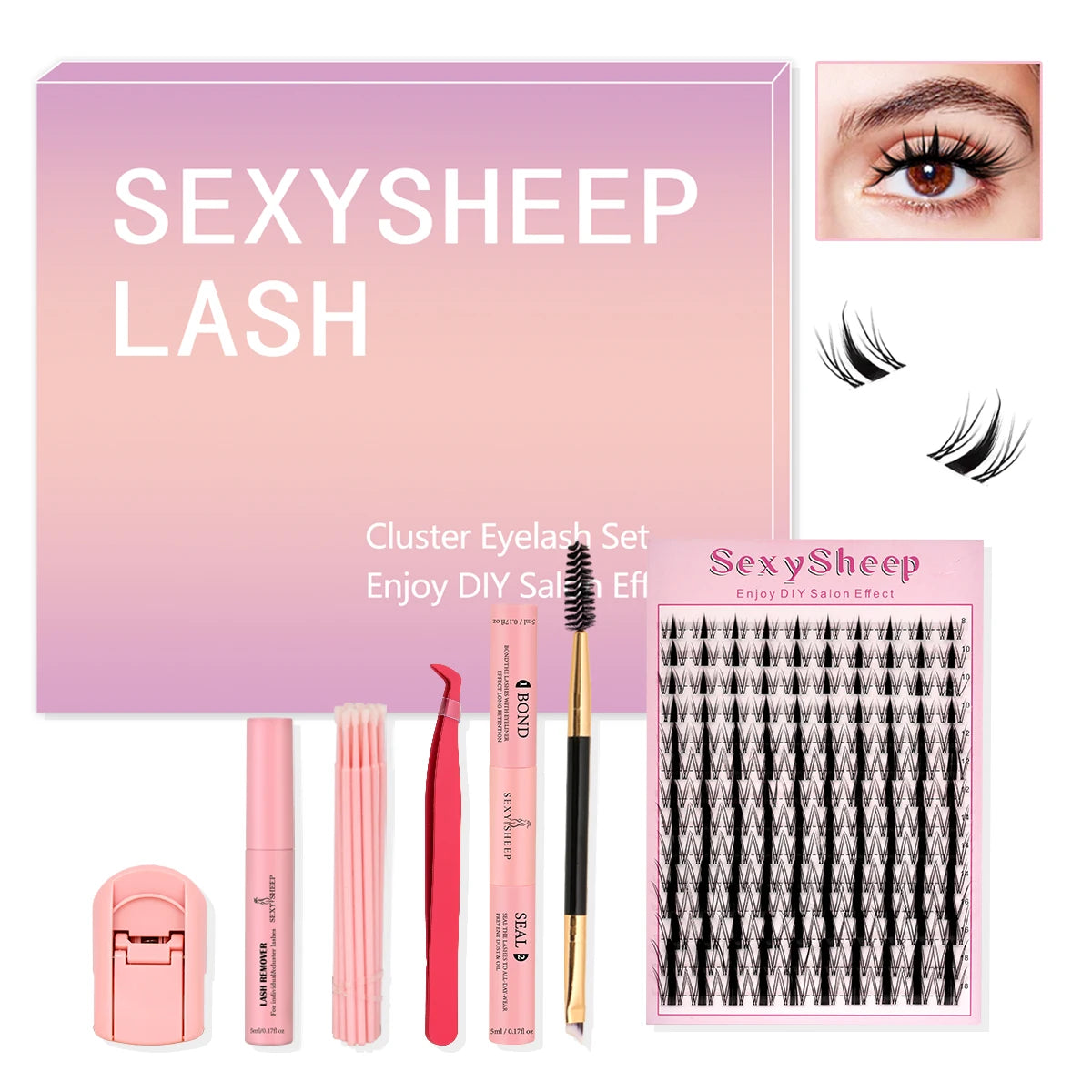 ISEEN DIY Lash Extension Kit – Mixed Styles, Clusters, Includes Bond & Seal, Tweezers & Brush
