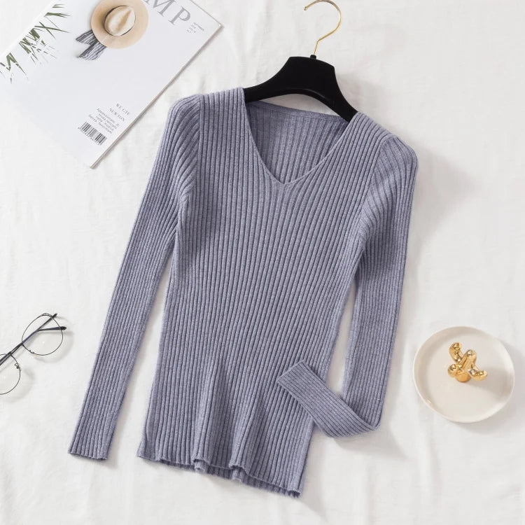 Women’s Autumn Winter V-Neck Knitted Pullover Sweater – Casual Long Sleeve Top