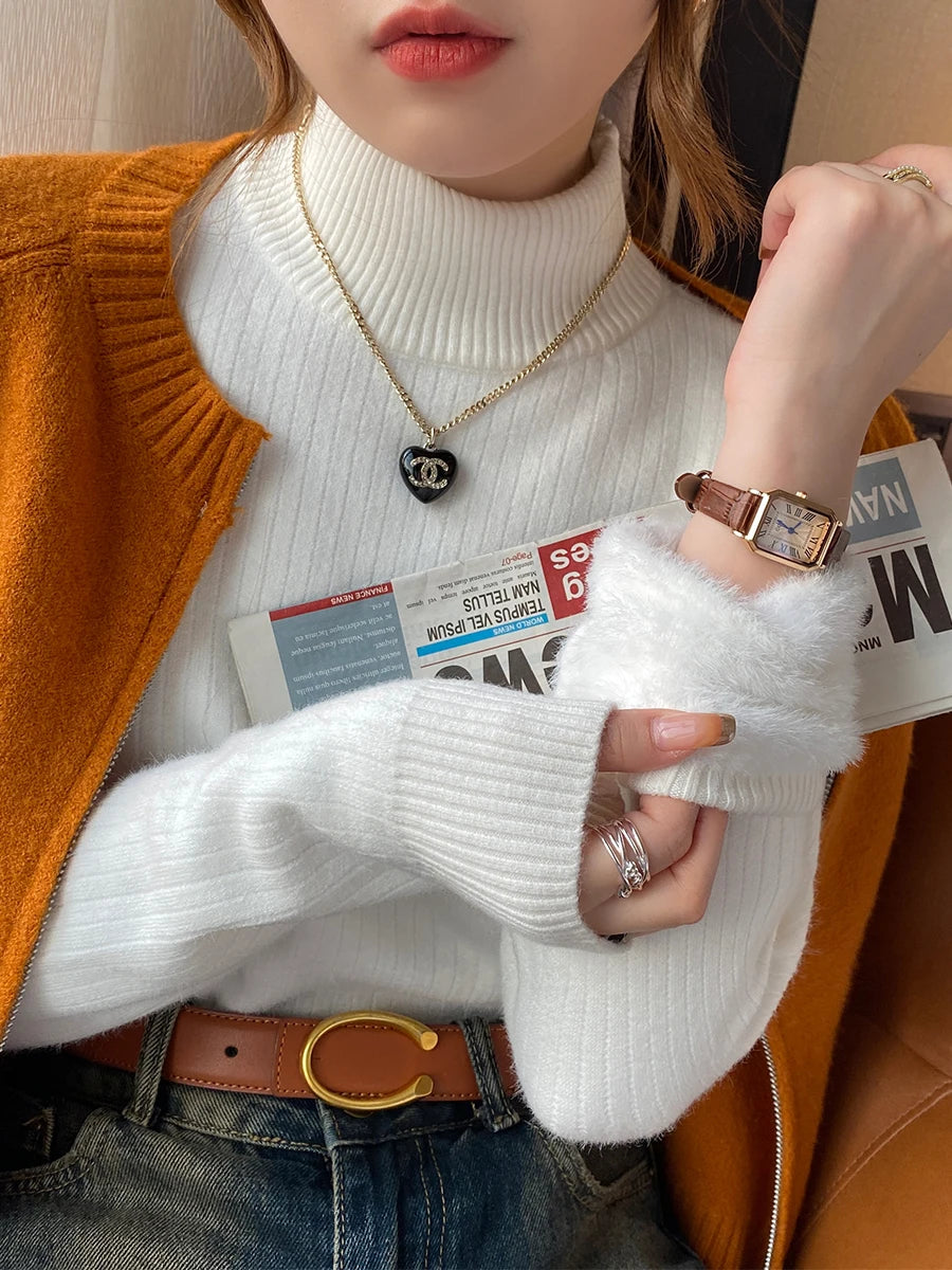 Pull Femme Col Roulé – Hiver , Rétro, Doublure Velours, Tricot Épaissi, Haut Thermique