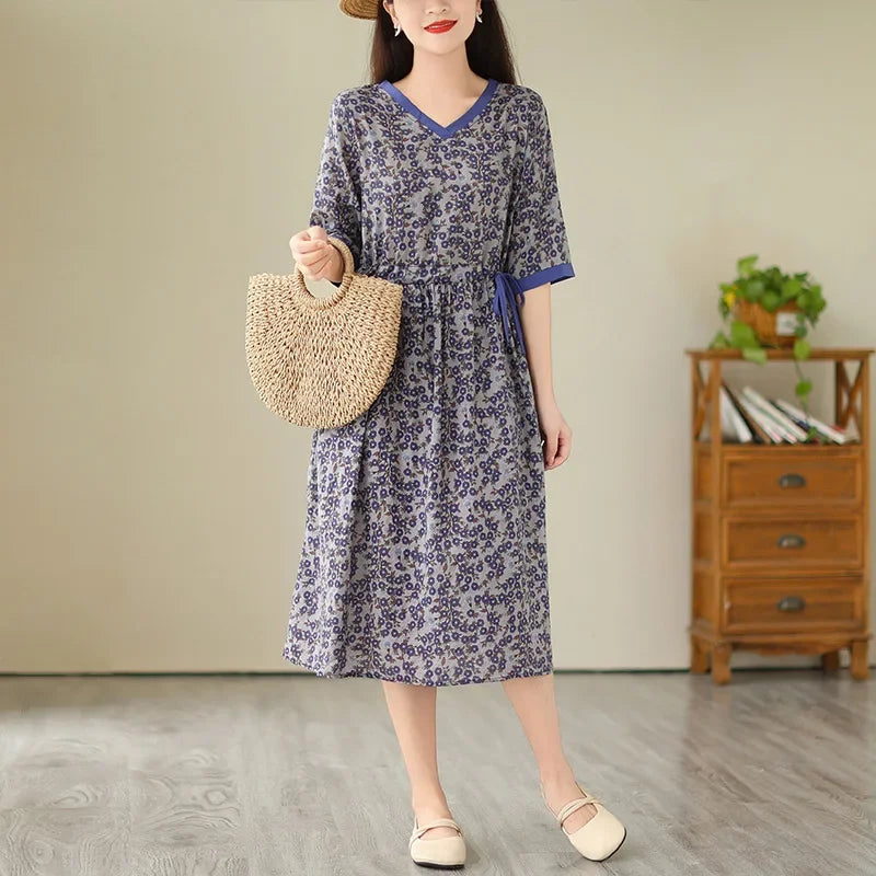 Summer Korean-Style Floral Belted V-Neck Dress