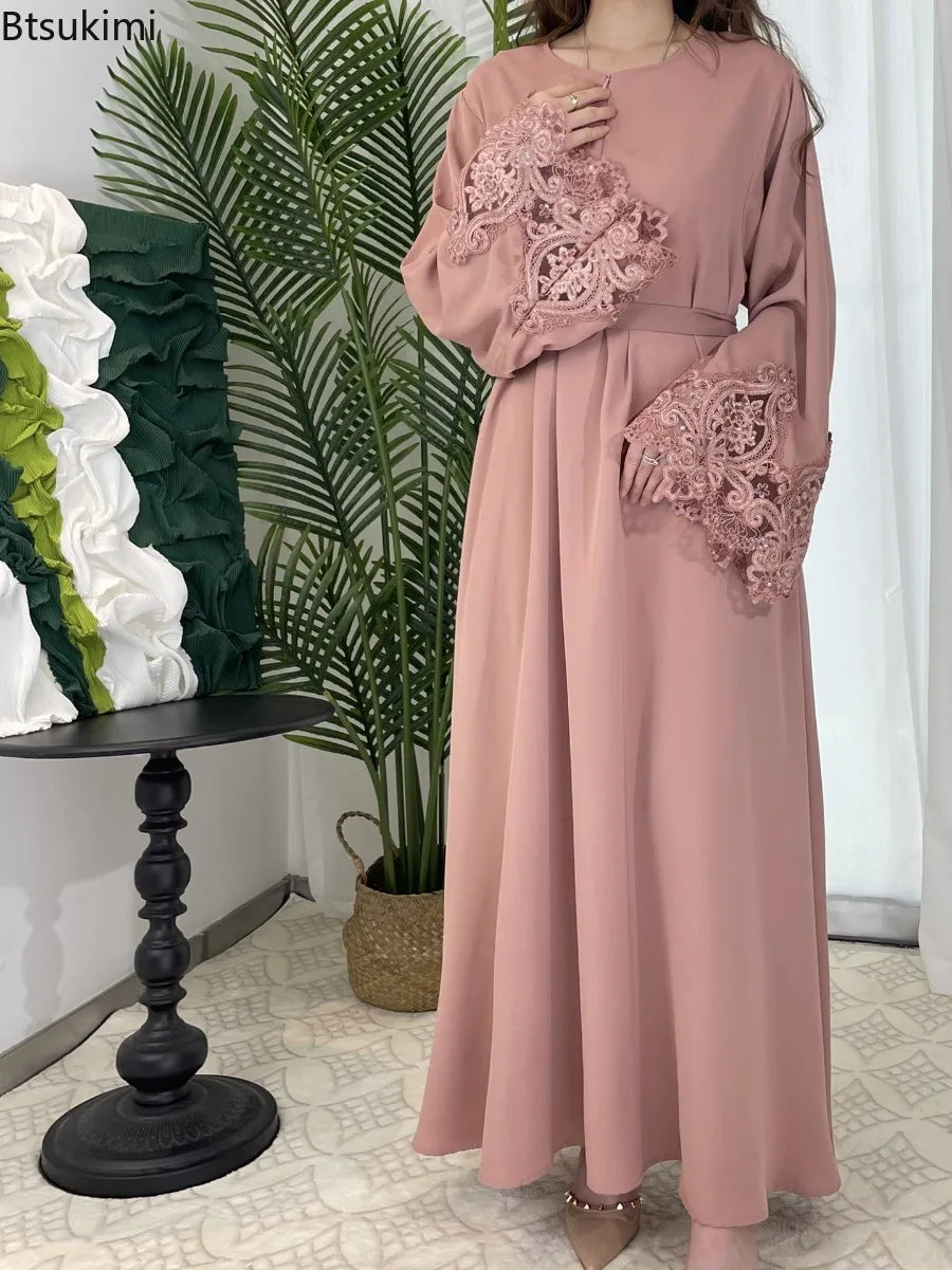 Plus Size Dubai Abaya – Lace Floral Long Sleeve Kaftan Dress for Muslim Women