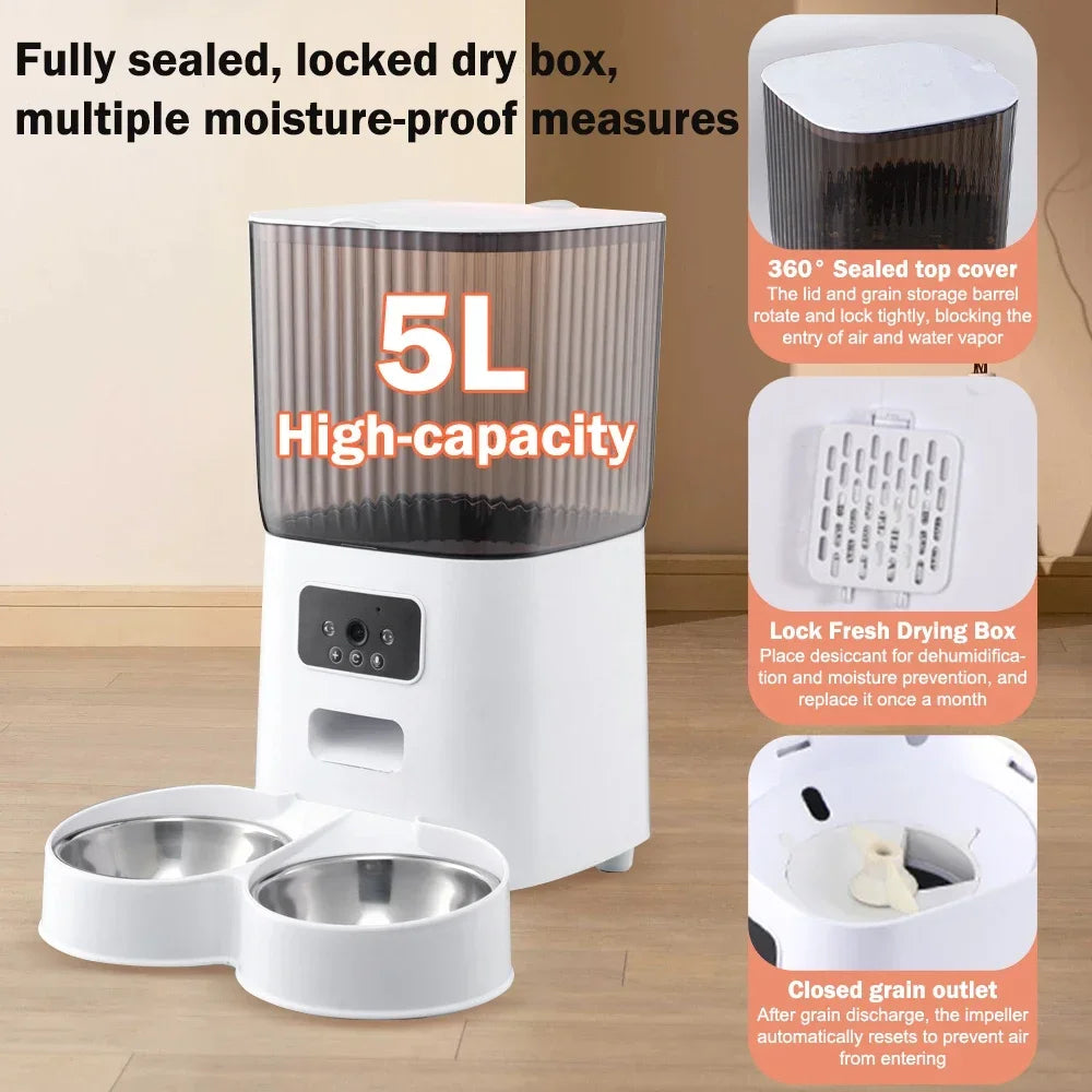 5L Smart Automatic Pet Feeder – WiFi, HD Camera, Timer, Stainless Steel Bowl, for Cats & Dogs