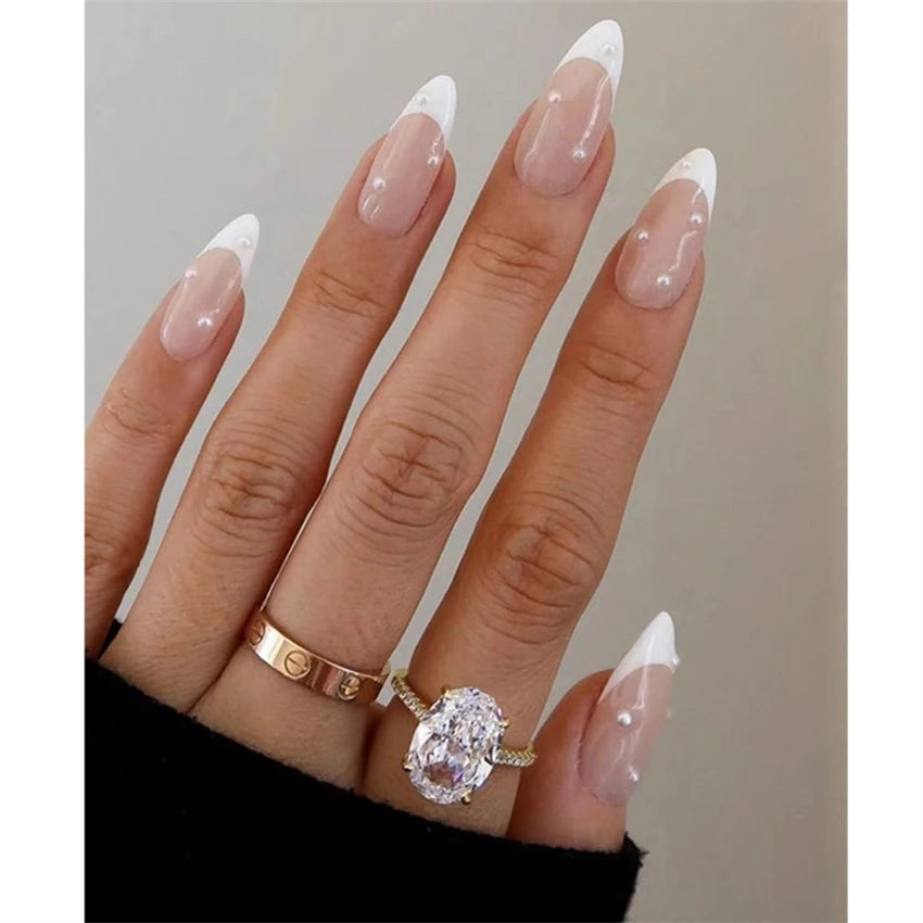 Medium Acrylic Almond Fake Nails – Removable Press-On, French Style, Europe/USA Design