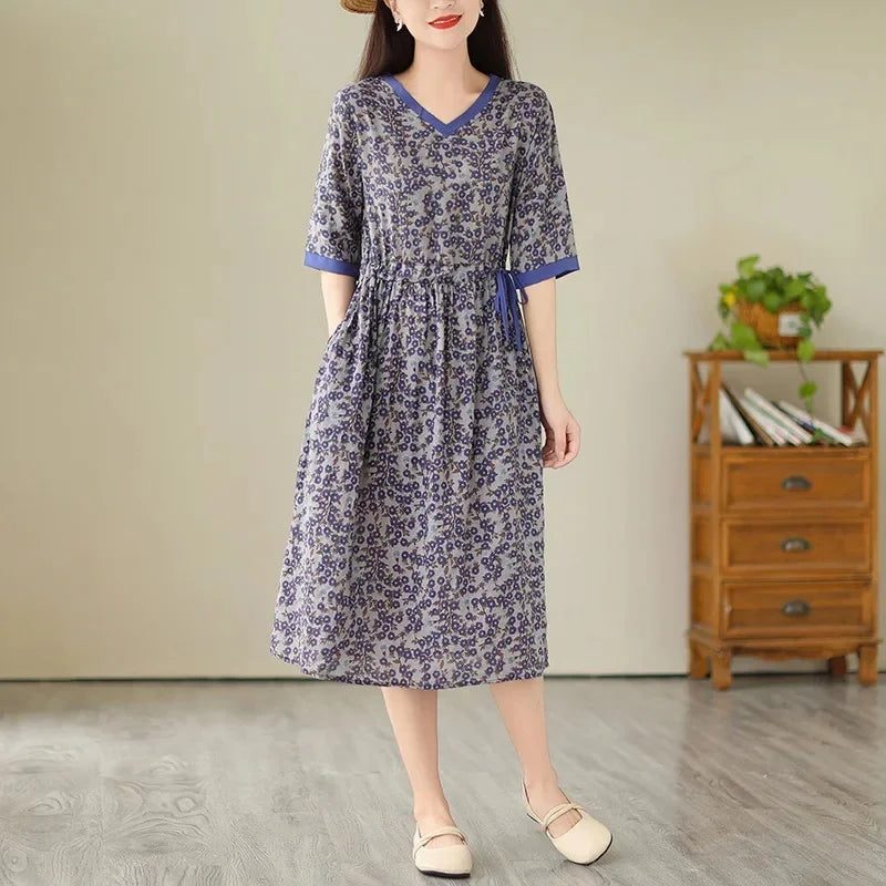 Summer Korean-Style Floral Belted V-Neck Dress