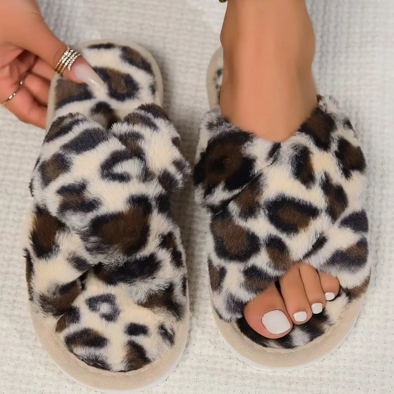 Cross Band Fluffy Fur Slippers – Cozy Open Toe Indoor Shoes for Women