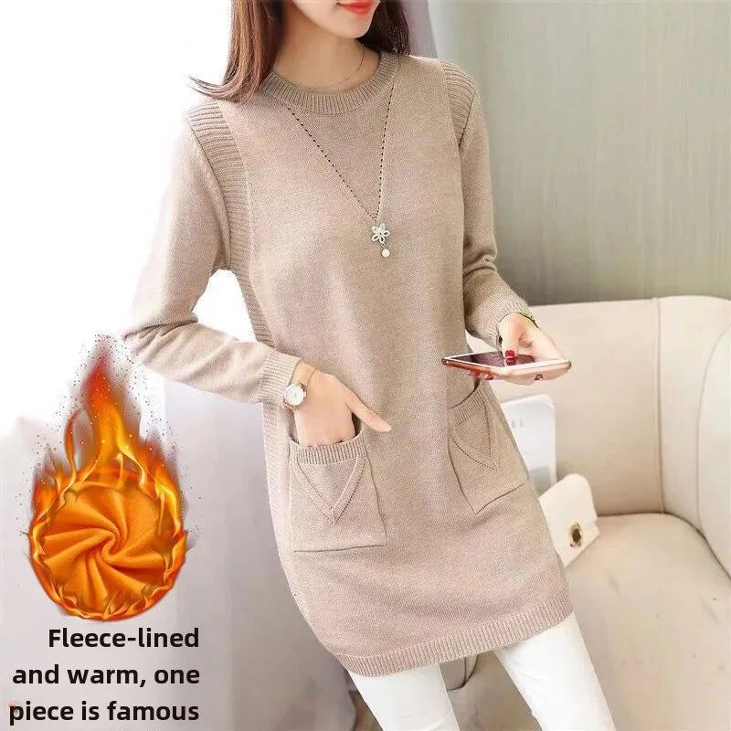 Pull Femme Tricot Mi-Long – Coupe Ample, Doublé Polaire, Style Coréen