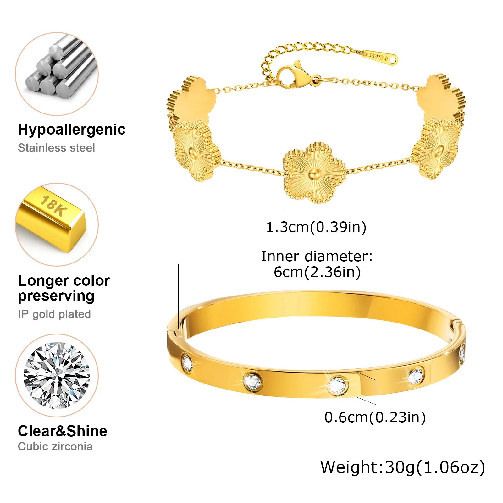 13mm Clover Stainless Steel Bracelet Set – Women’s Gift