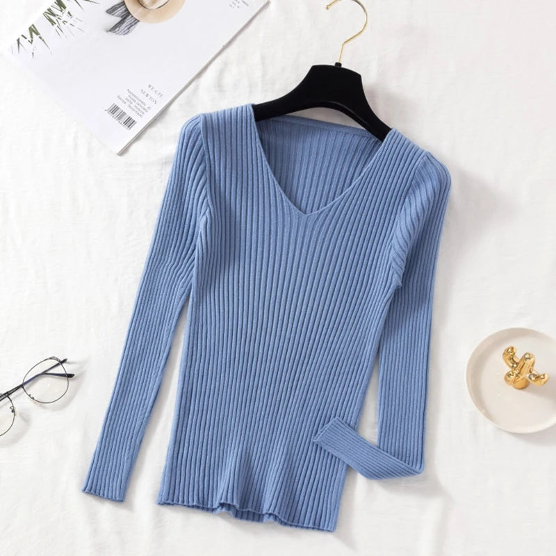 Women’s Autumn Winter V-Neck Knitted Pullover Sweater – Casual Long Sleeve Top