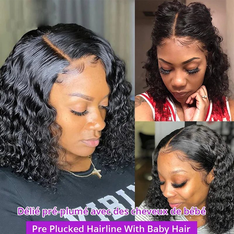 Deep Wave Short Bob Wig – 180% Density, Pre-Plucked, Side Part, 13x4 Lace Frontal, Brazilian Virgin Hair