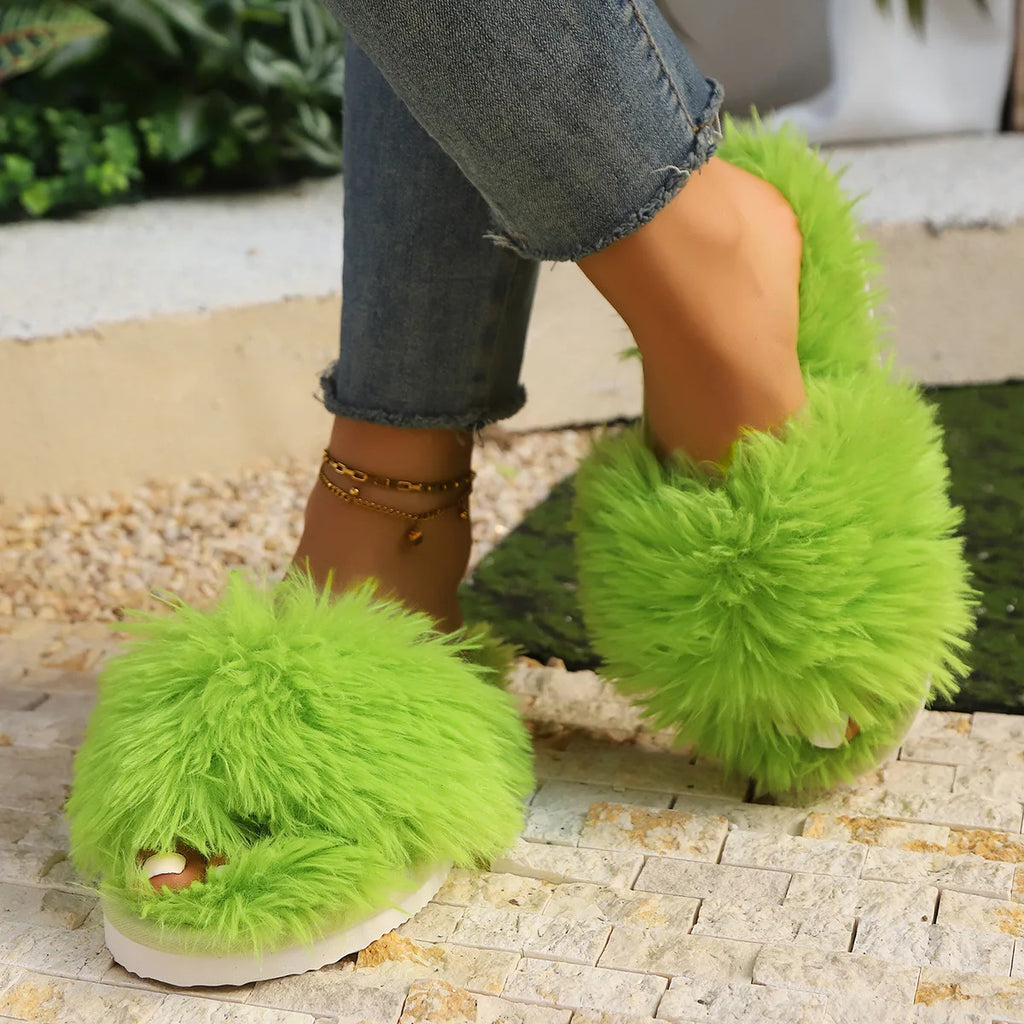 Cross Band Fluffy Fur Slippers – Cozy Open Toe Indoor Shoes for Women