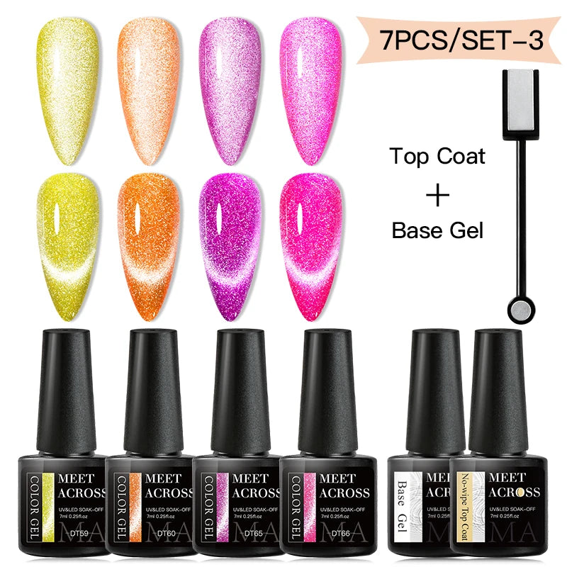 MEET ACROSS 7PCS Cat Magnetic Gel Nail Kit – Semi-Transparent Blue, Sparkling, UV Soak-Off