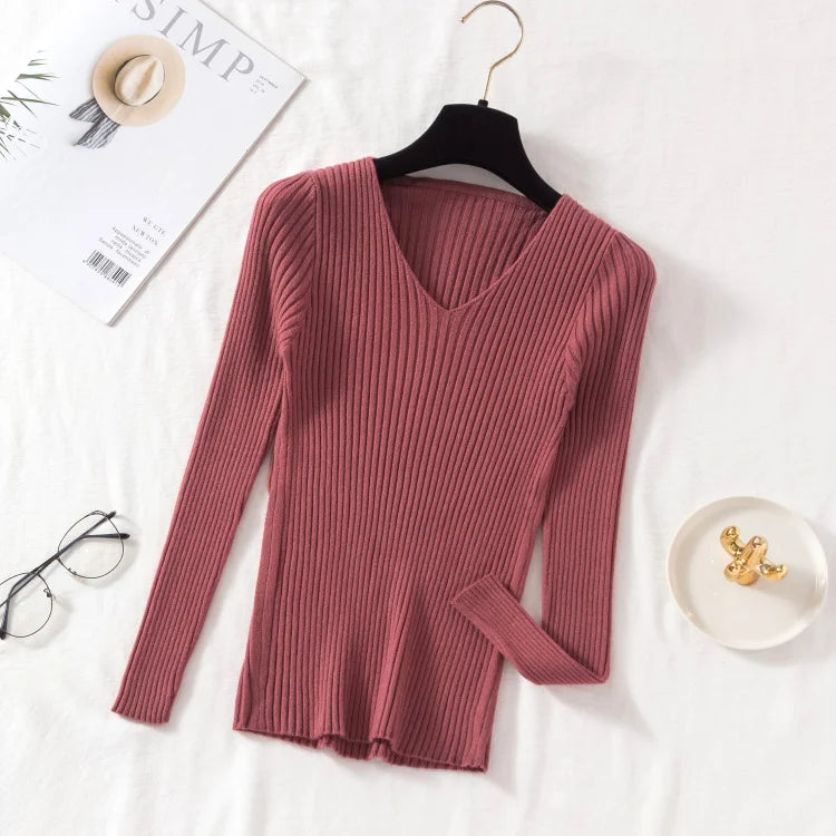 Women’s Autumn Winter V-Neck Knitted Pullover Sweater – Casual Long Sleeve Top