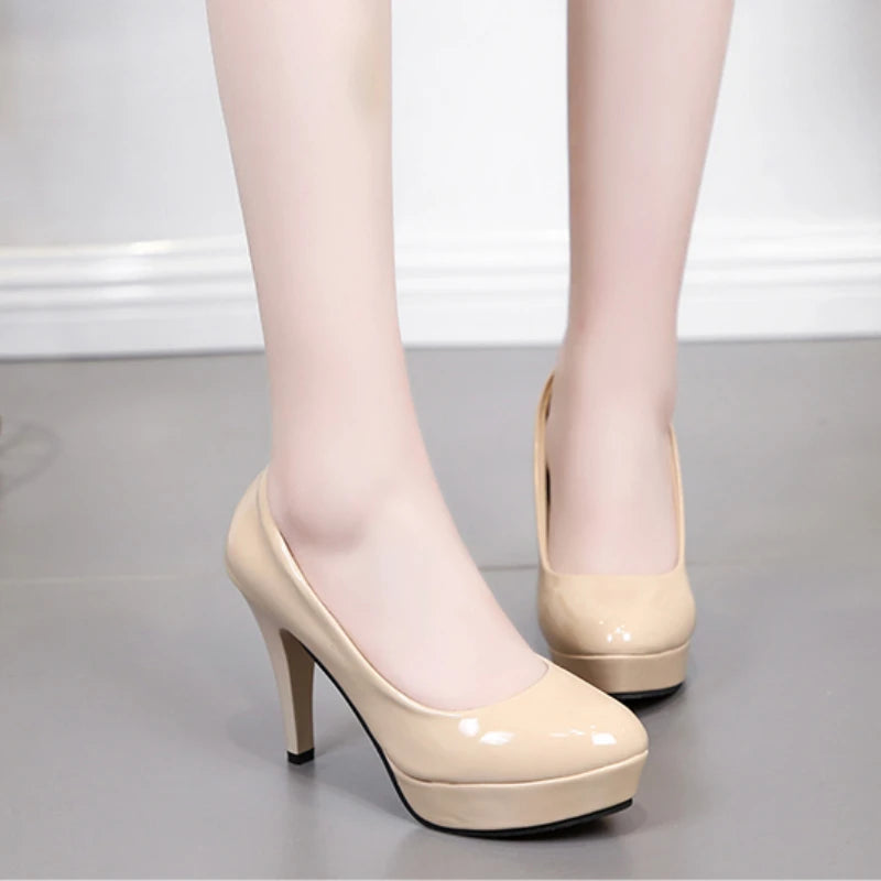 Beige waterproof platform high heels women's spring and autumn patent leather sexy round toe stiletto wedding shoes 10cm Size 42