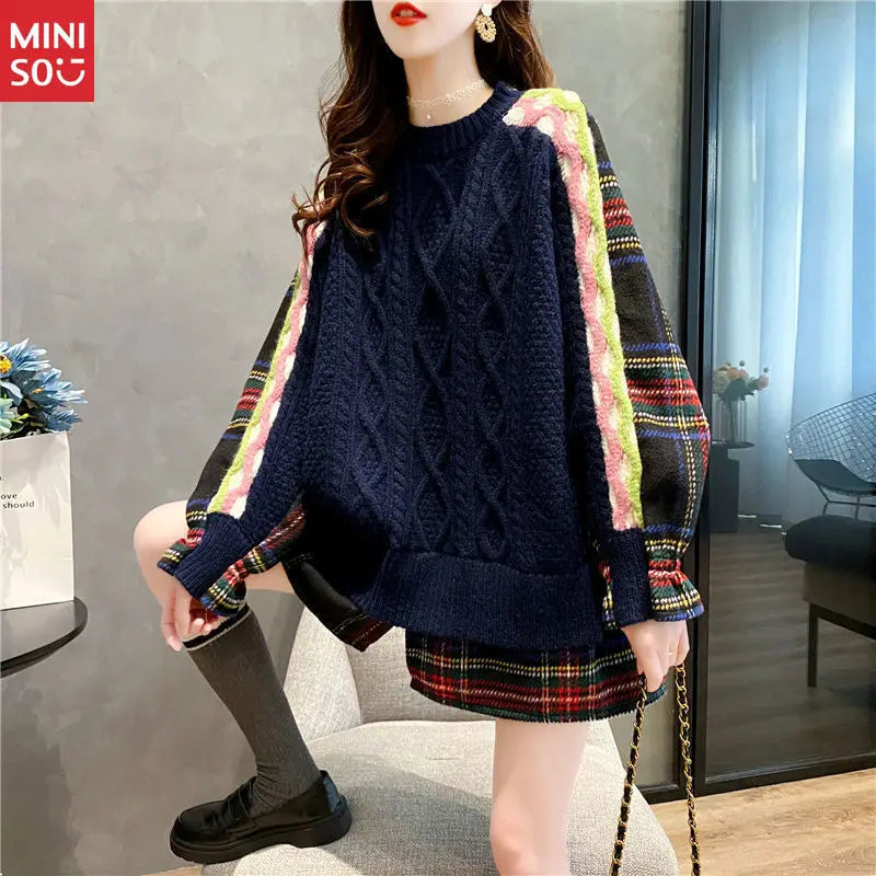 Miniso Oversized Sweater Dress – Patchwork Knit Long Top for Women, Plus Size Casual Style