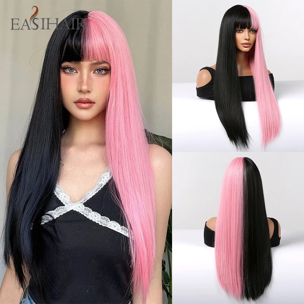 EASIHAIR Long Black Wig – Silky Straight, Bangs, Cosplay/Party, Heat-Resistant
