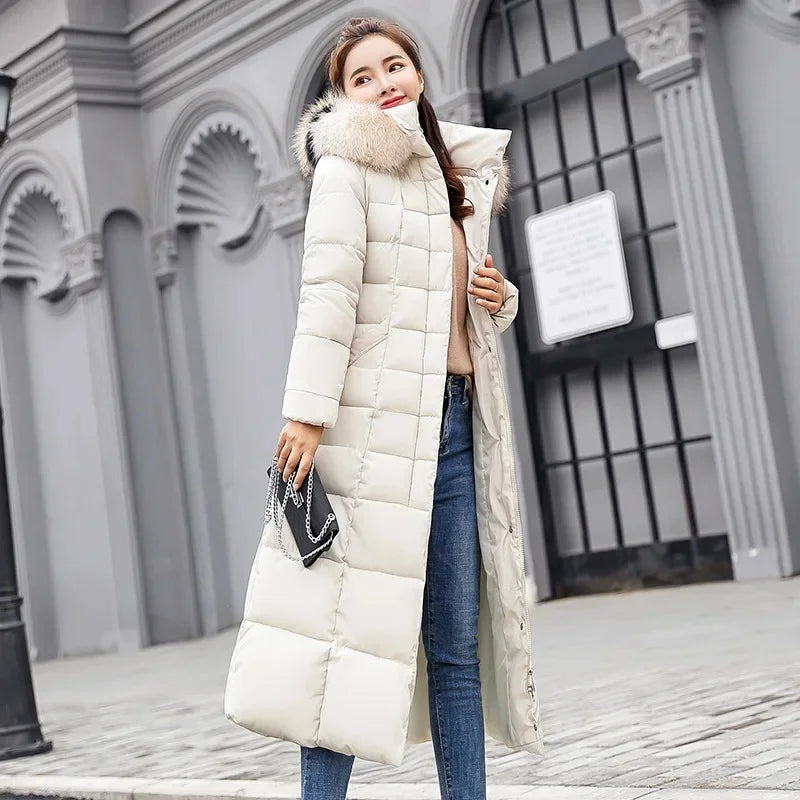Veste Femme Coréenne Épaissie – Longue, Col Fourrure, Slim, Capuche, Coton Hiver