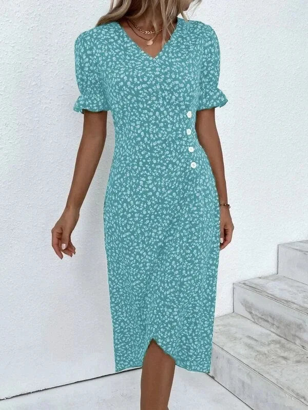 Floral Pleated Midi Dress with V-Neck & Puff Sleeves