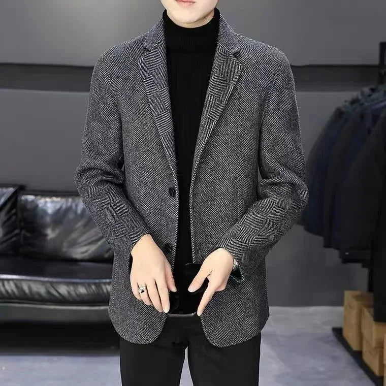 Men's Short Coat – Casual, Herringbone Wool, Slim Fit, Business & Trendy, AE Stock Brand