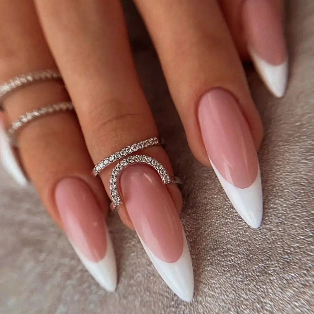 24PCS Stiletto French Fake Nails – White Edge, Aurora, Full Cover, Press-On, DIY Detachable