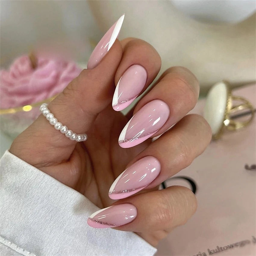 Medium Acrylic Almond Fake Nails – Removable Press-On, French Style, Europe/USA Design