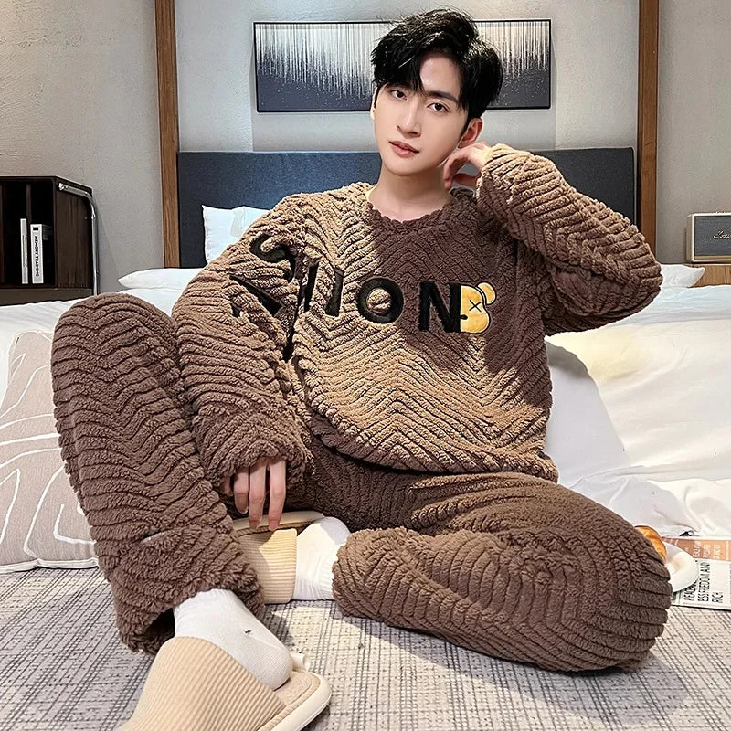 Men's Coral Fleece Pajamas – Thickened, Warm, Two-Piece, Autumn/Winter