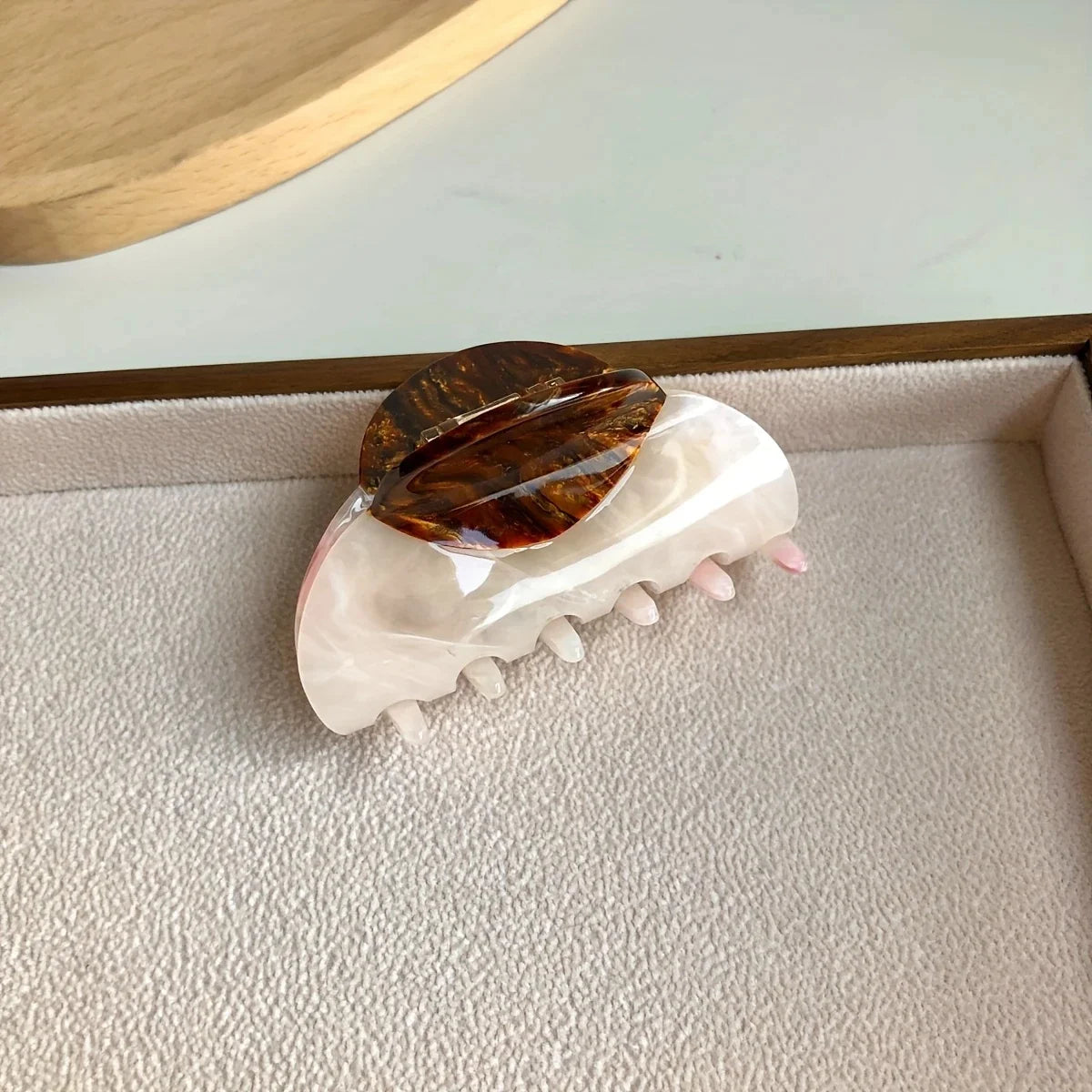 Vintage French Hair Clip – Two-Tone Wood & Marble Design