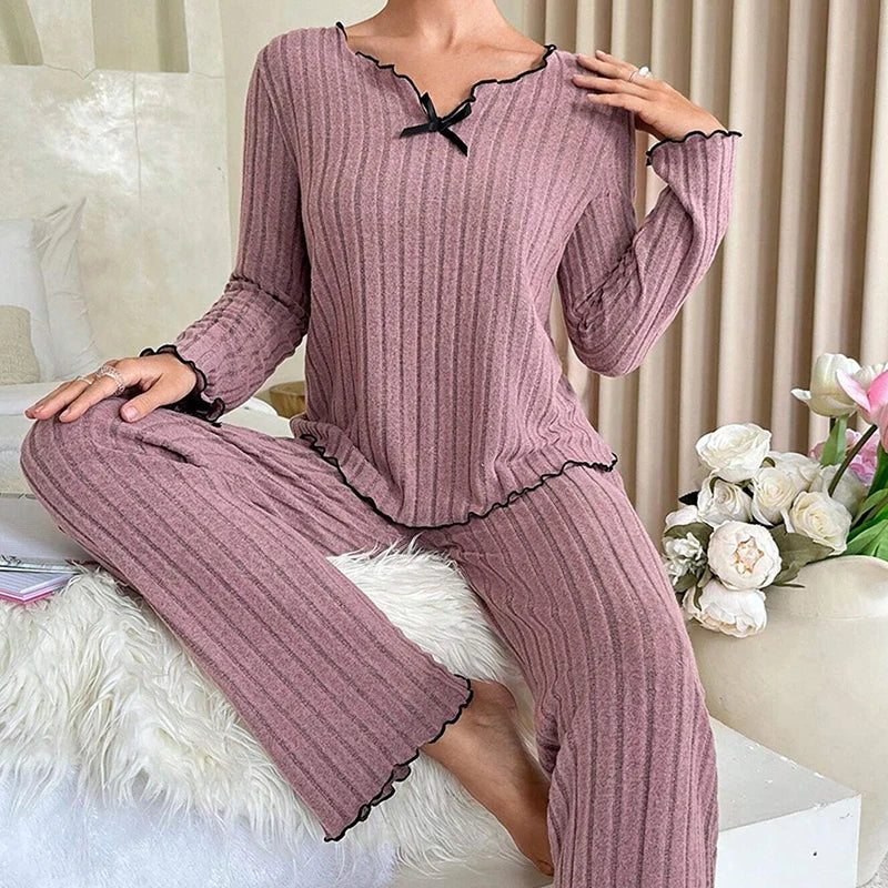 Women Autumn Winter Sleepwear Ribbed Pajamas Set Long Sleeve Top and Long Pants 2 Piece Set Casual Homewear Loungewear