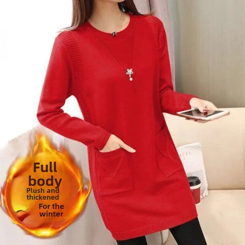Pull Femme Tricot Mi-Long – Coupe Ample, Doublé Polaire, Style Coréen