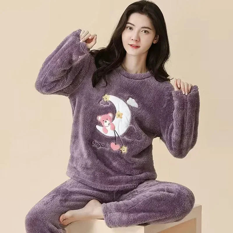 Women’s Flannel Cartoon Bear Loungewear – Long Sleeve & Trouser Two-Piece Set