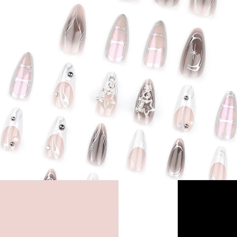 Gray & White Fake Nails – French Style, Flame Blend, Reusable, Wearable