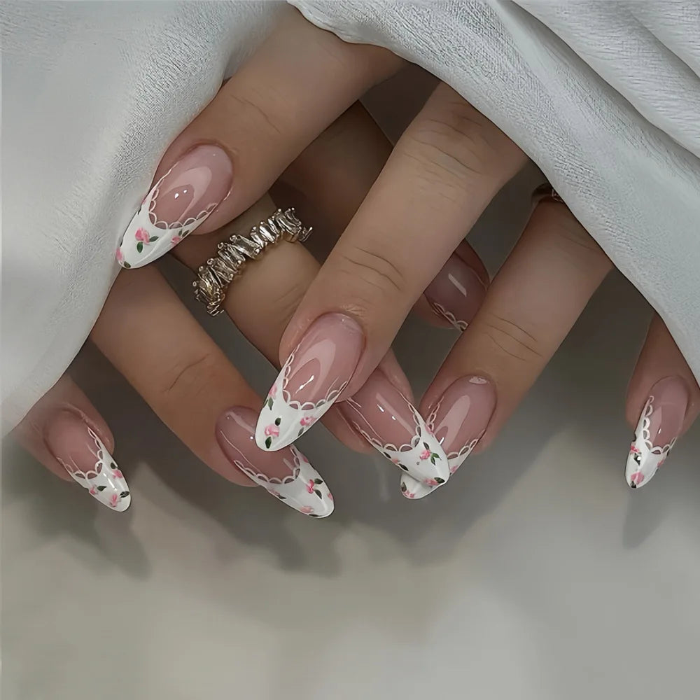 24pcs Matte Almond Press-On Nails with Rose Leaf Design