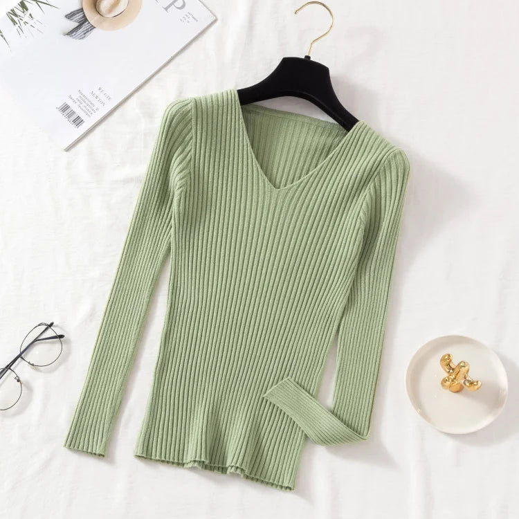 Women’s Autumn Winter V-Neck Knitted Pullover Sweater – Casual Long Sleeve Top