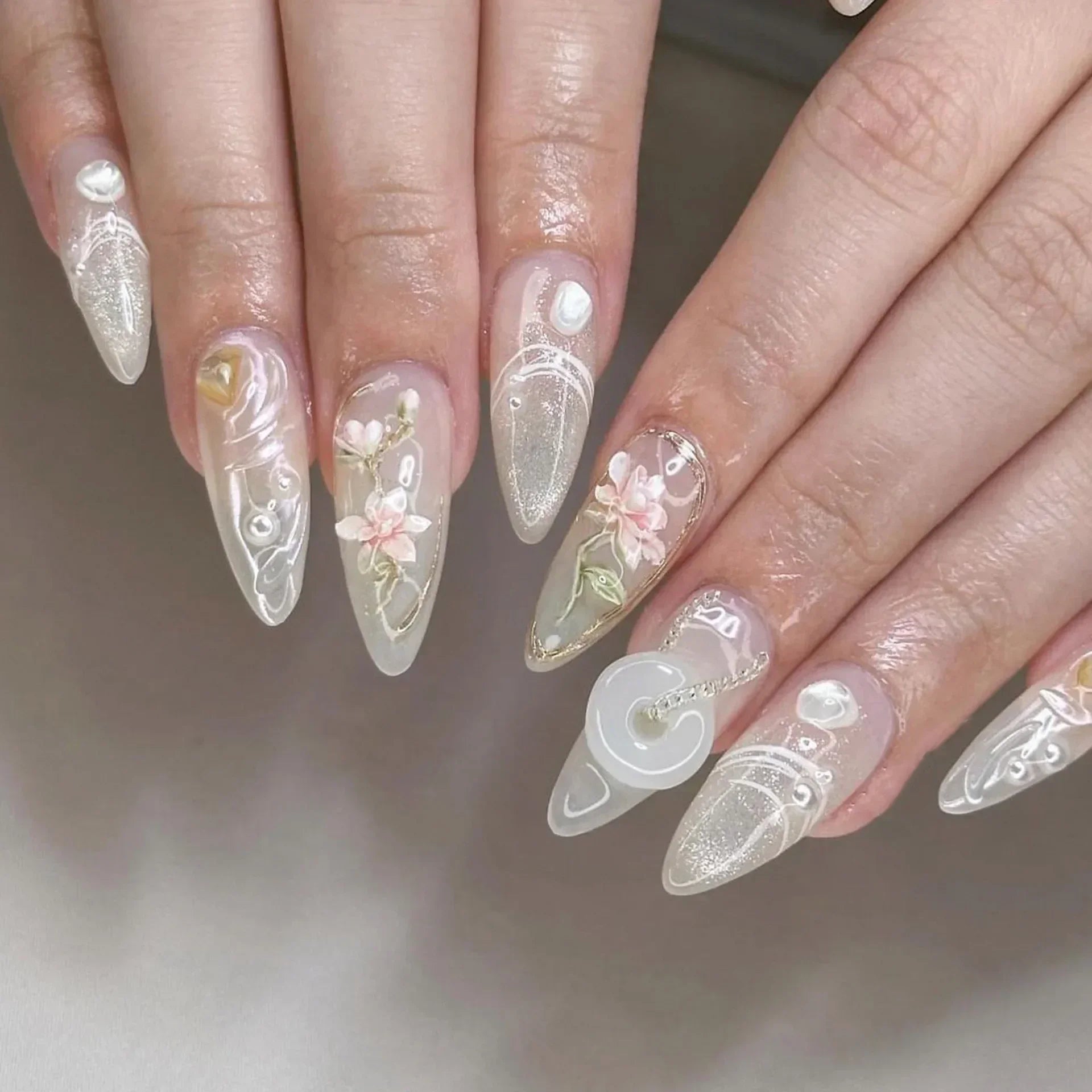 24pcs Matte Almond Press-On Nails with Rose Leaf Design