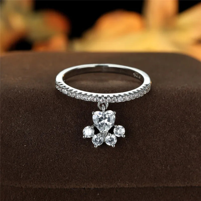 Vintage Gold Silver Color Animal Footprint Ring Cute Cat Paw Dog Claw Pendant Ring White Zircon Love Heart Stone Rings For Women