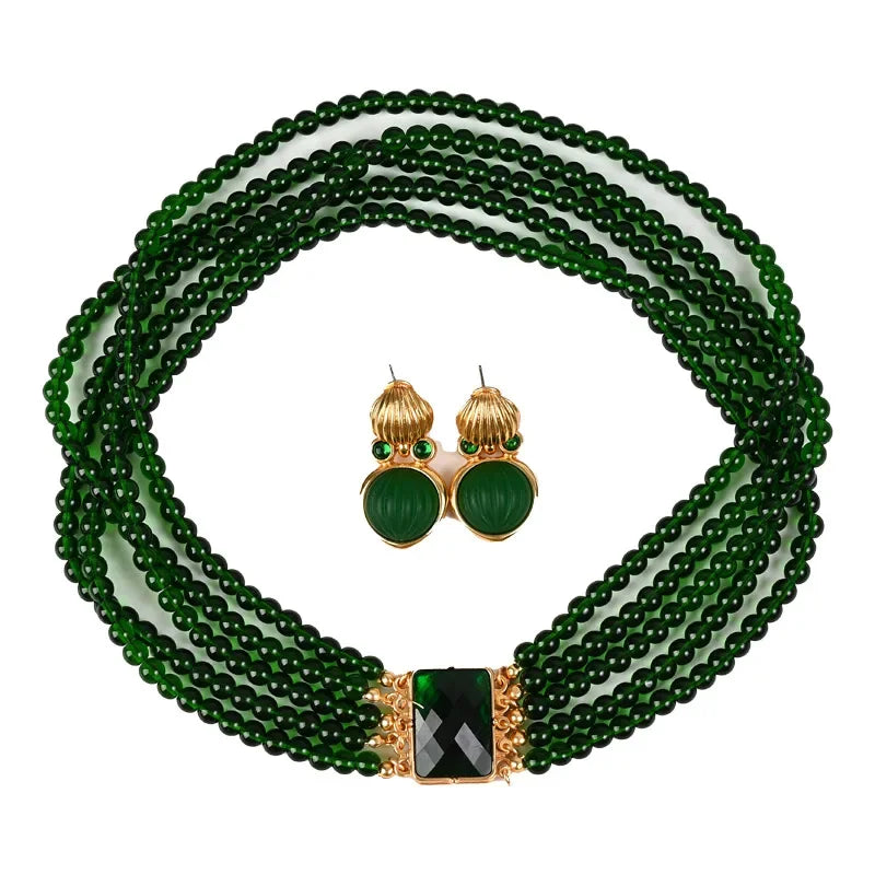 Vintage Green Crystal Layered Necklace & Earrings Set