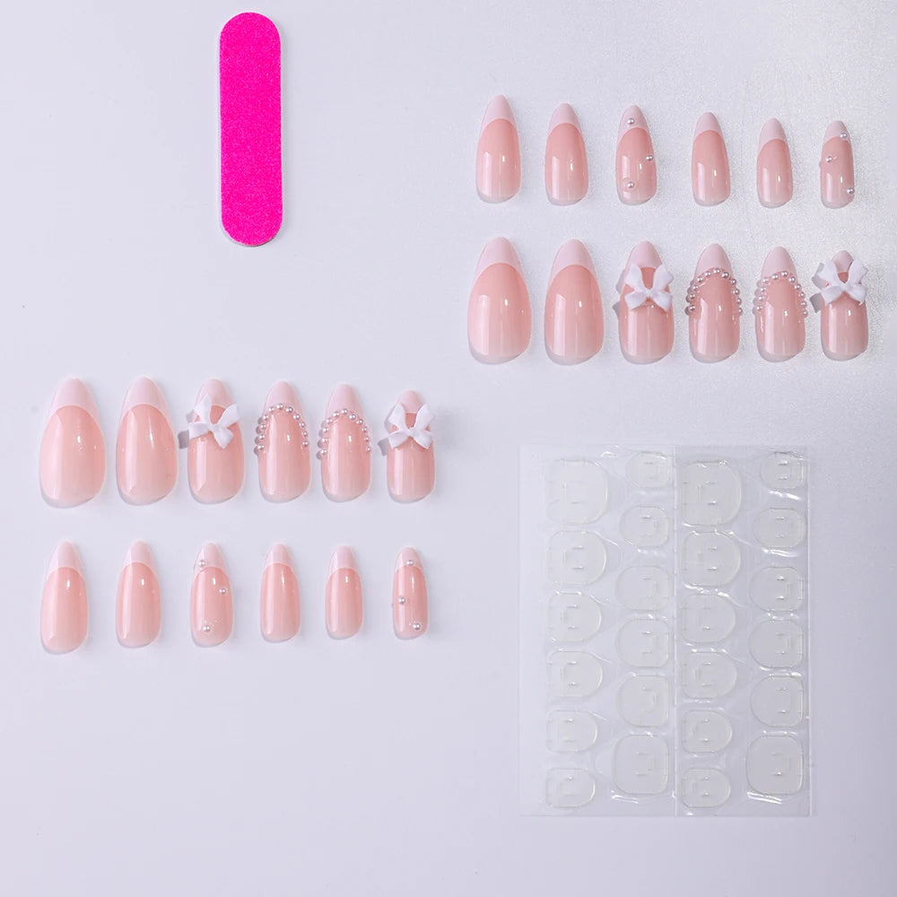 ARTAUG 24PCS Press-On Nails – Medium Stiletto, Pink Bowknot, French Trim, Full Cover