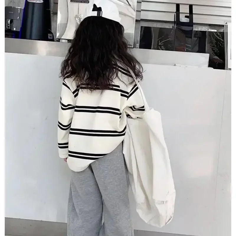Korea Style Kids Outfit 2025 – 2-Piece, Long Sleeve Striped Top & Loose Pants, Girls 6–14Y