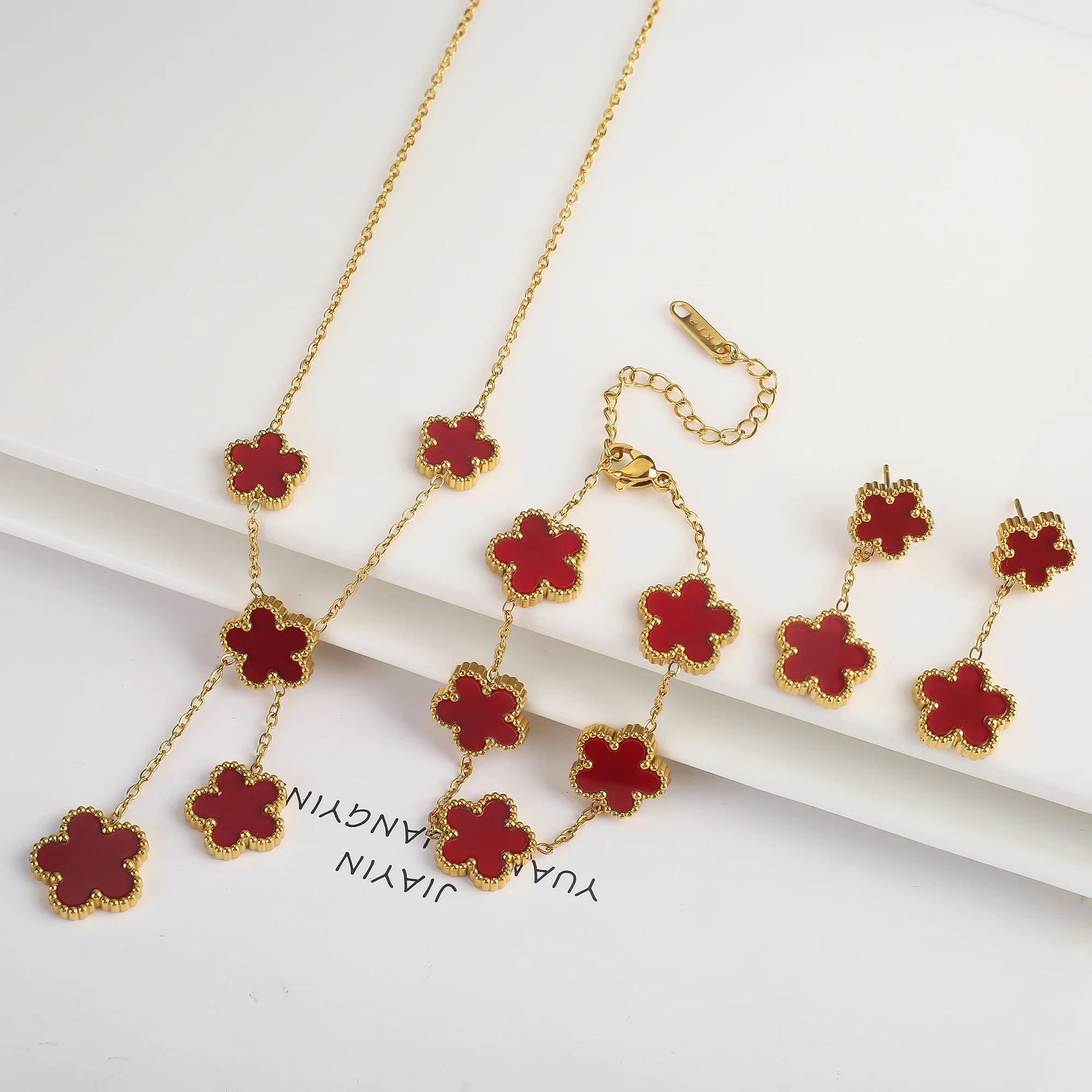Clover Five Leaf Flower Stainless Steel Jewelry Set
Luxury Bracelet, Necklace & Earrings for Women