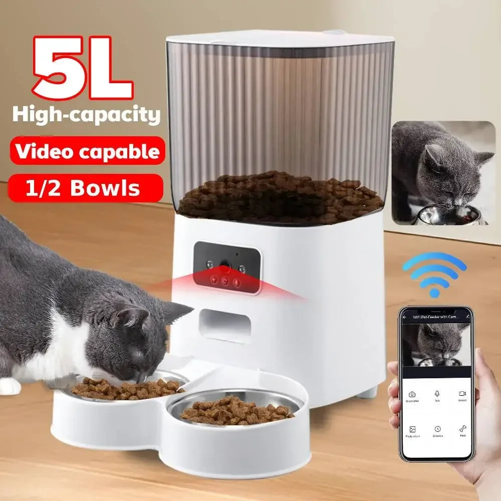 5L Smart Automatic Pet Feeder – WiFi, HD Camera, Timer, Stainless Steel Bowl, for Cats & Dogs