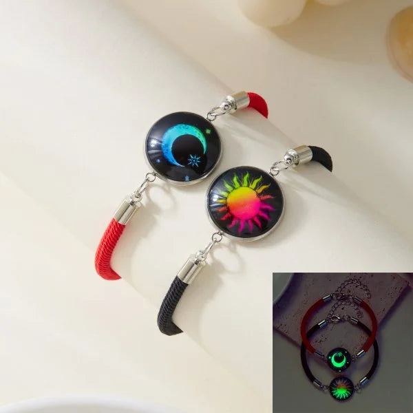Sun & Moon Luminous Stainless Steel Couples Bracelet Set – Black Rope