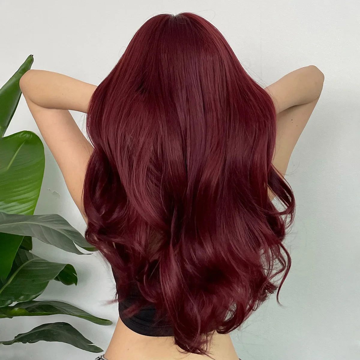 Wine Red Synthetic Wig – Long Curly, Big Waves, Bangs, Heat-Resistant, Full Head