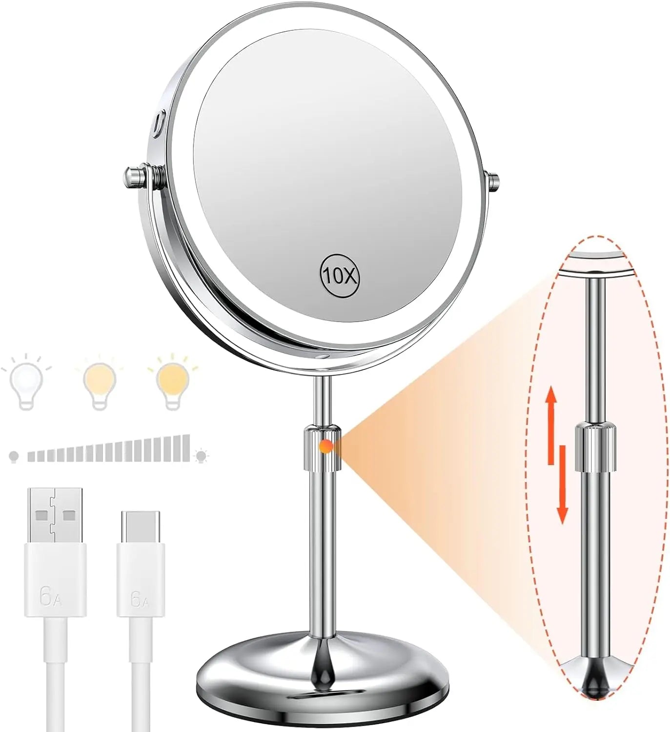 3-Color LED Makeup Mirror – 10X Magnification, 8 Inch, Adjustable Brightness & Height