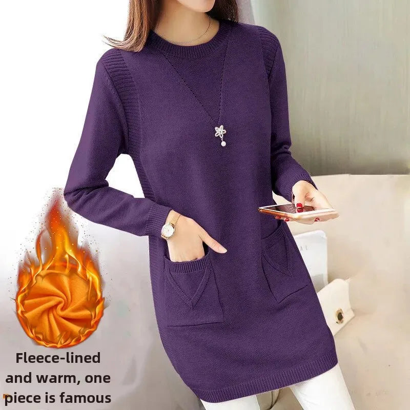 Pull Femme Tricot Mi-Long – Coupe Ample, Doublé Polaire, Style Coréen